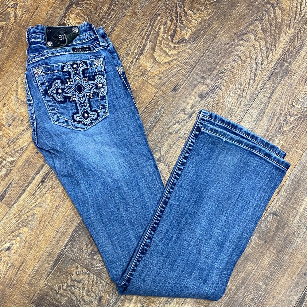 Miss Me size 27 Blue Boot with Cross Detail bling biker cowgirl stretch‎ comfy